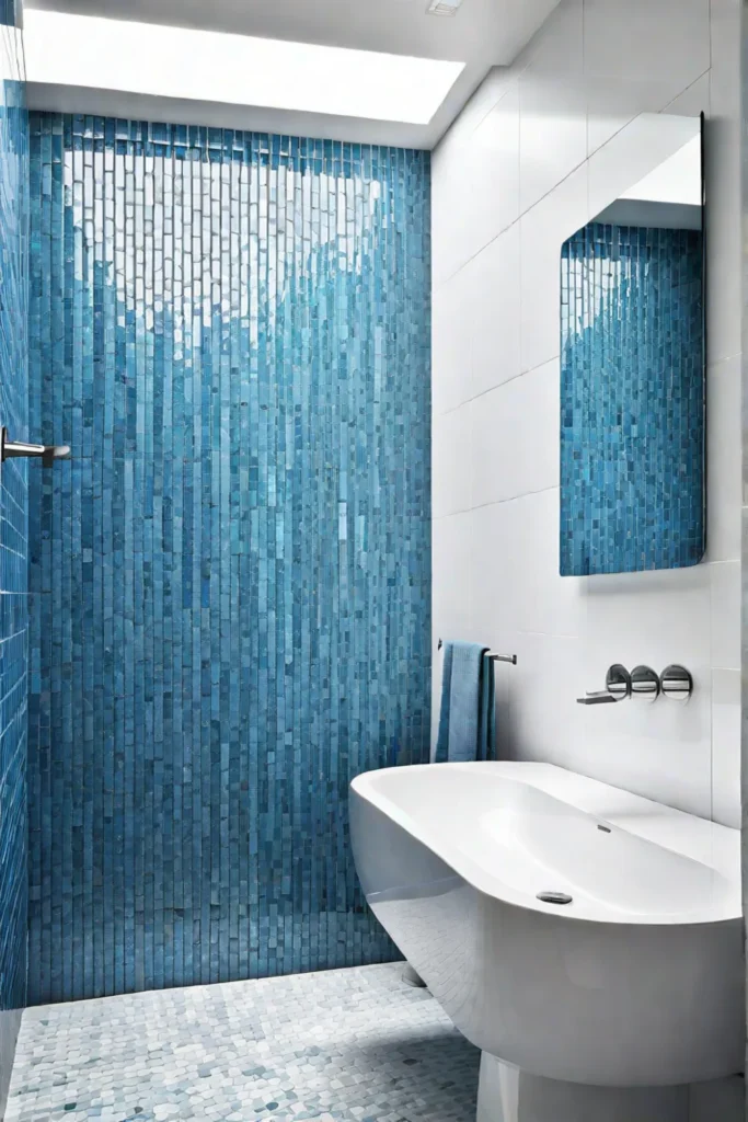 Small bathroom with a blue mosaic shower accent and a white pedestal sink