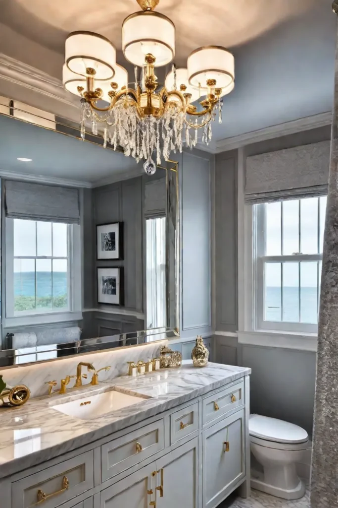 Small bathroom with crystal chandelier and marble countertops