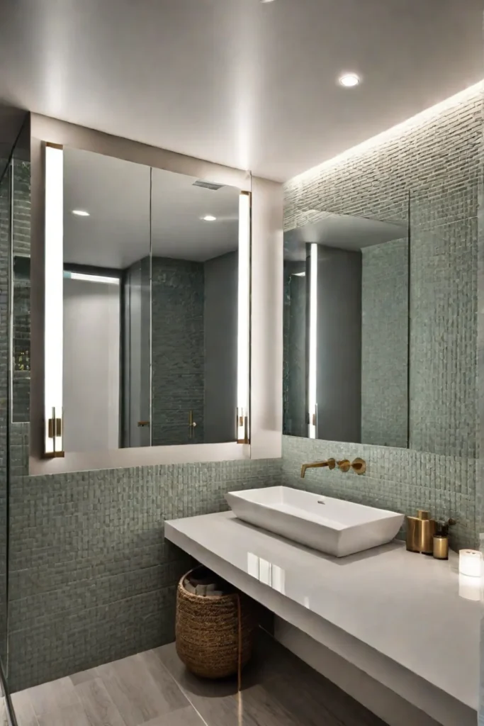 Small bathroom with textured tiles and spaceenhancing design