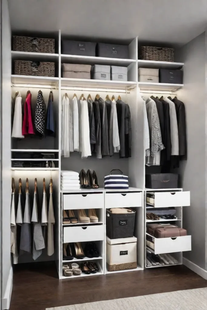 Small bedroom closet optimized with drawer dividers and storage solutions