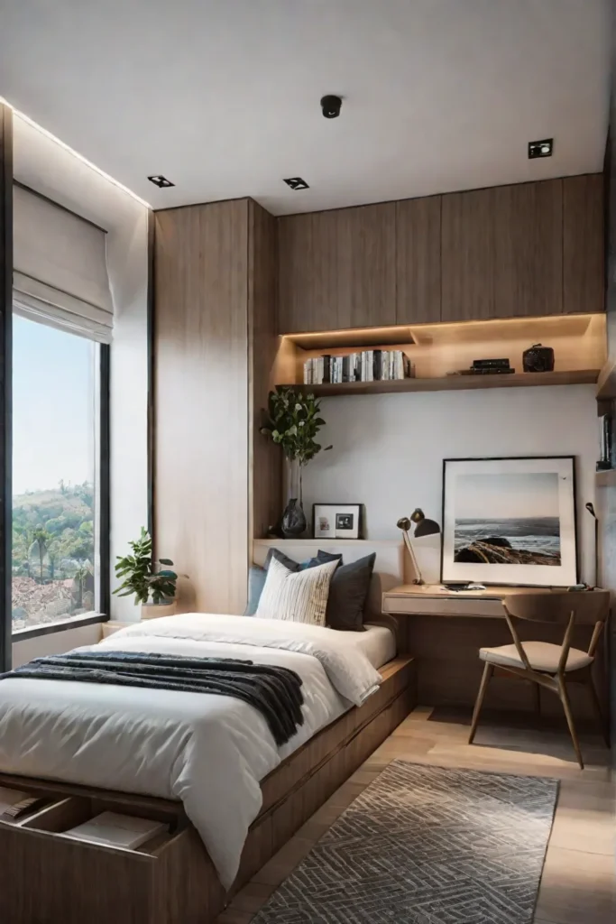 Small bedroom embracing minimalist design and maximizing storage space