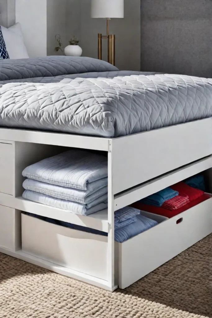 Small bedroom maximizing storage with organized underbed containers