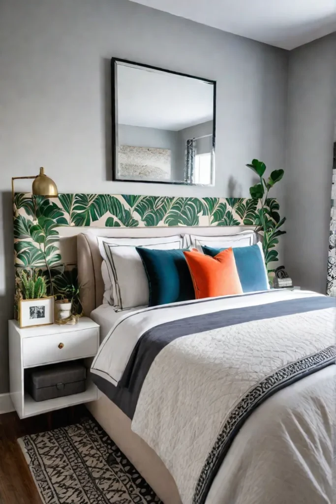 Small bedroom maximizing style and personality with bold colors and patterns