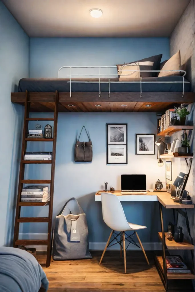Small bedroom maximizing vertical space with a loft bed and a cozy atmosphere