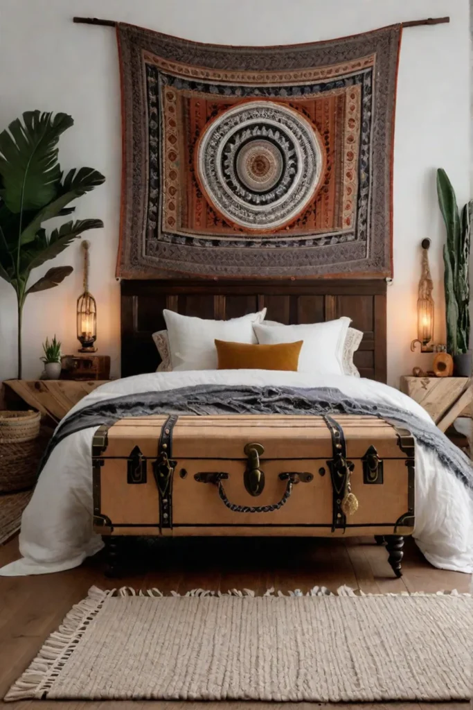Small bedroom with a vintage storage trunk and bohemian decor