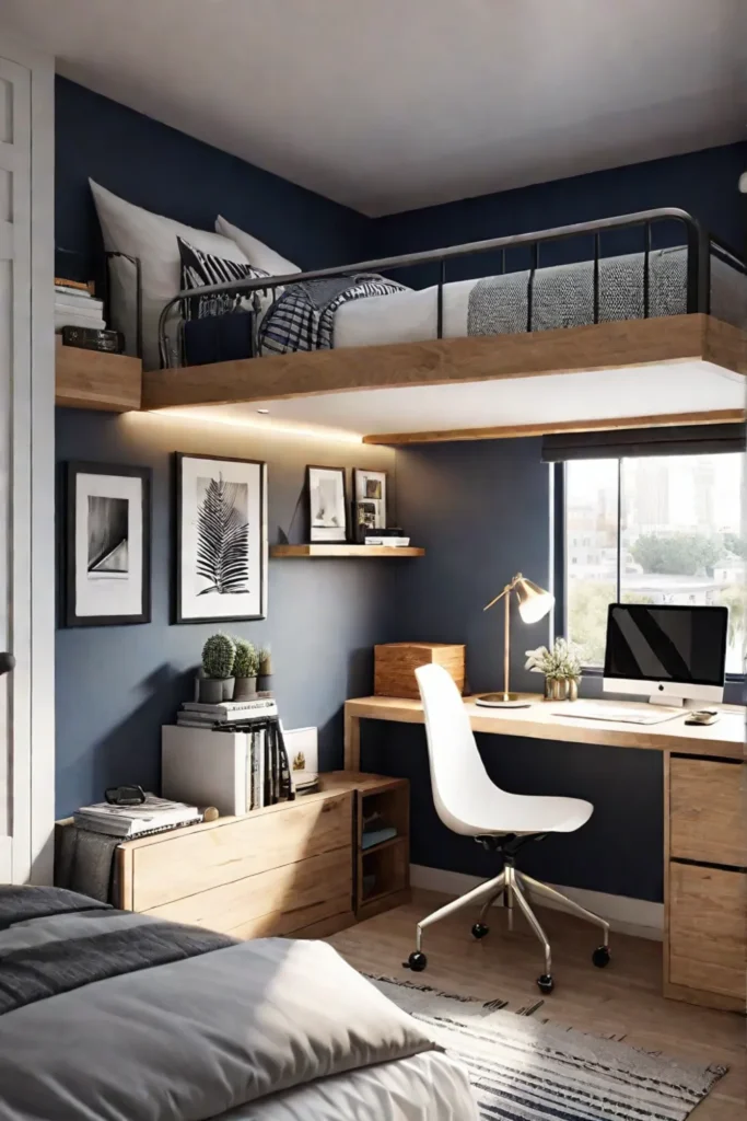Small bedroom with lofted bed and desk