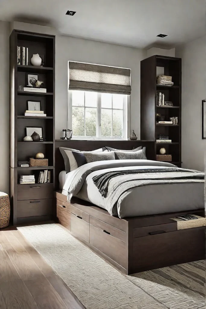 Small bedroom with multifunctional furniture and ample storage