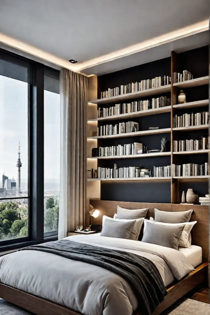 Small bedroom with tall bookshelves for vertical storage