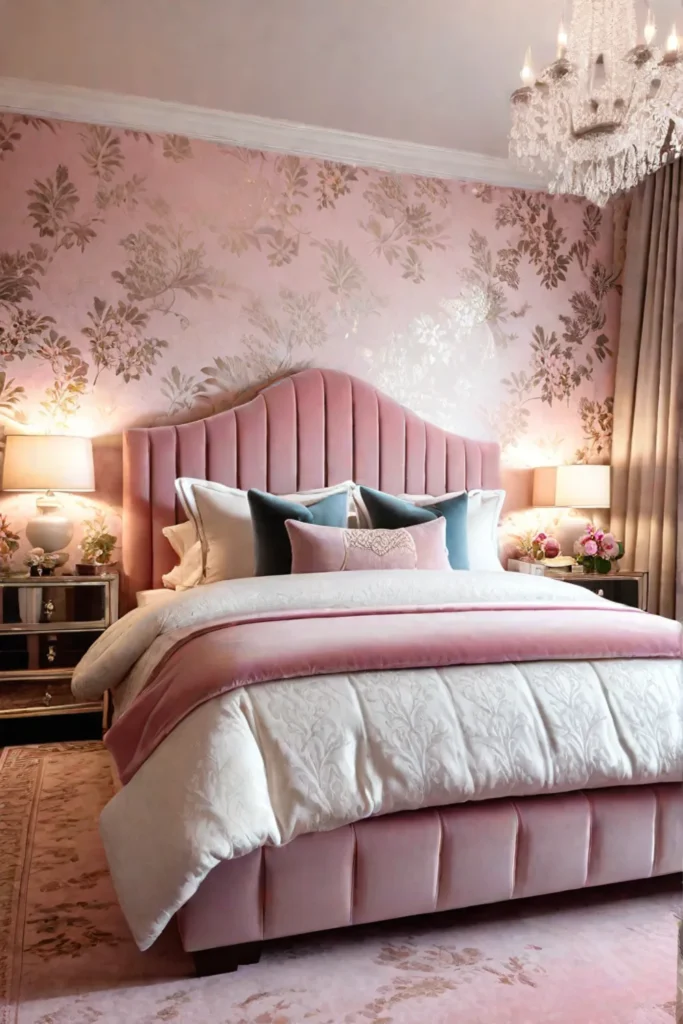 Soft pink bedroom with floral wallpaper and plush textures