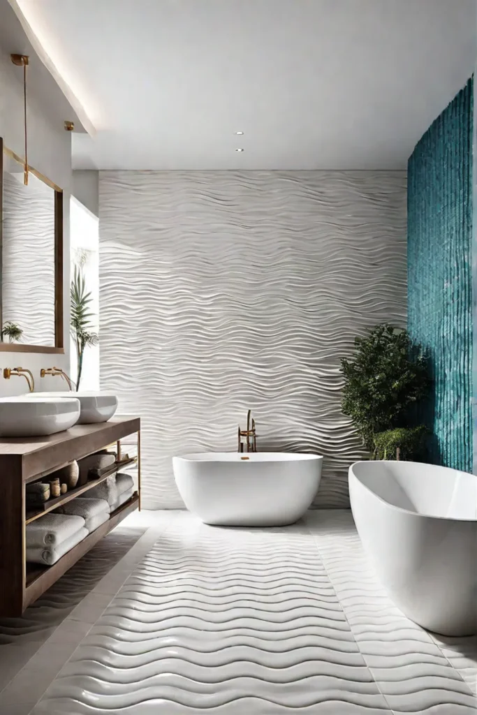 Spa bathroom with 3D wall tiles and freestanding bathtub