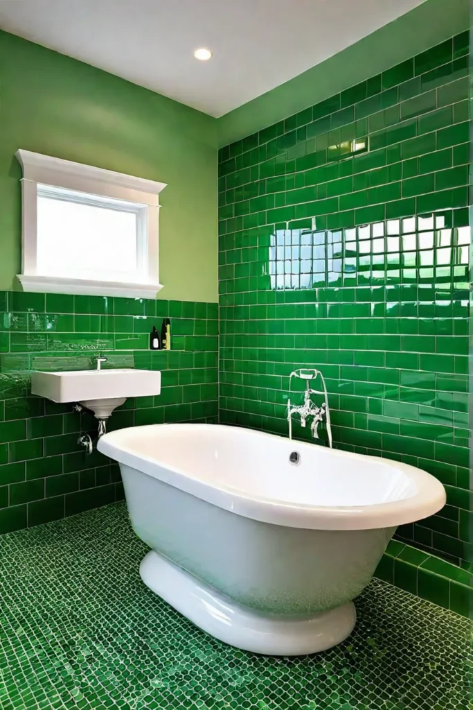 Spalike bathroom with green textured subway tile