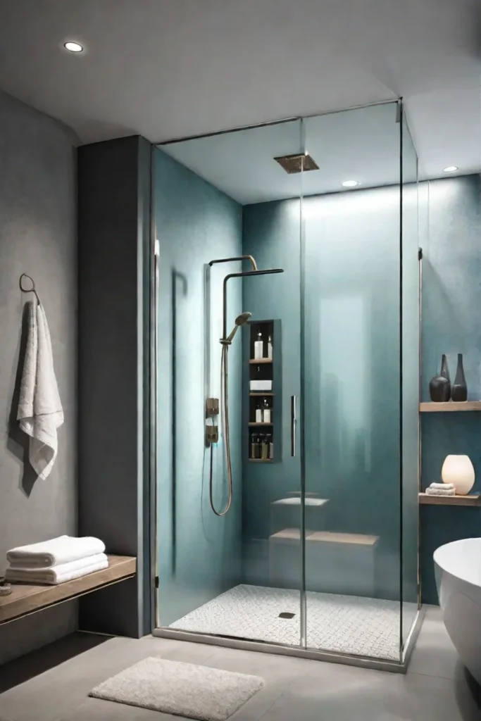 Steam shower and dimmable lighting in a private bathroom oasis