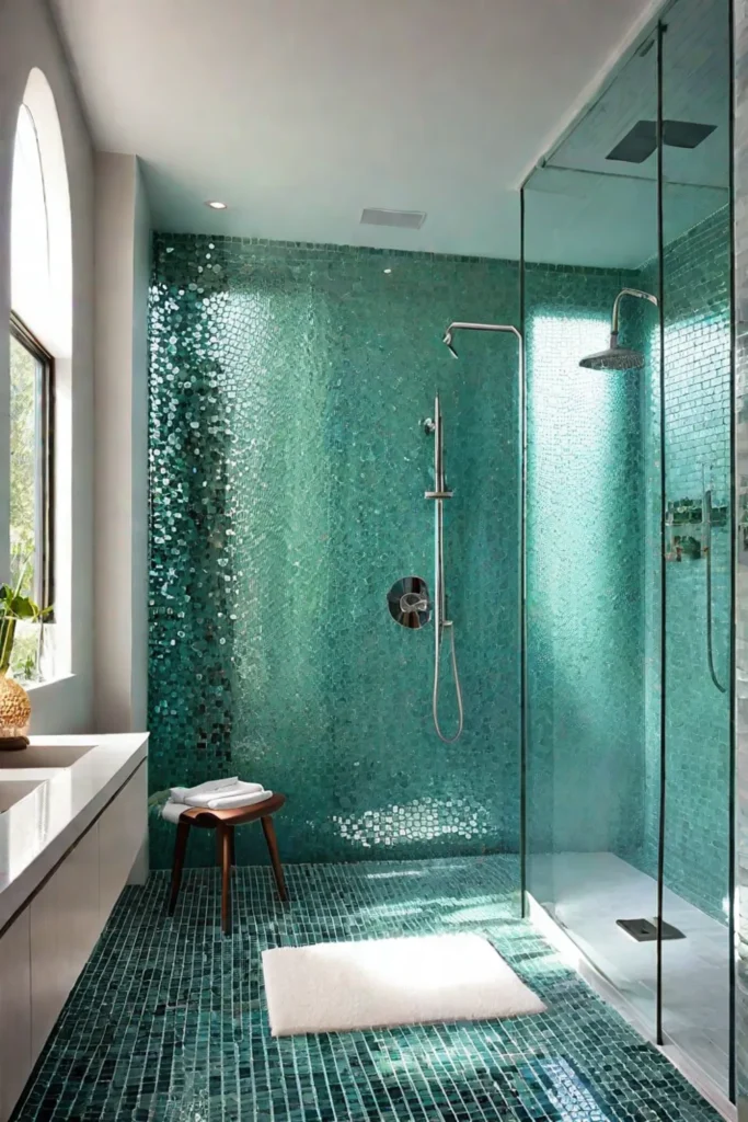Sunlight reflects off recycled glass tile shower walls in a modern bathroom