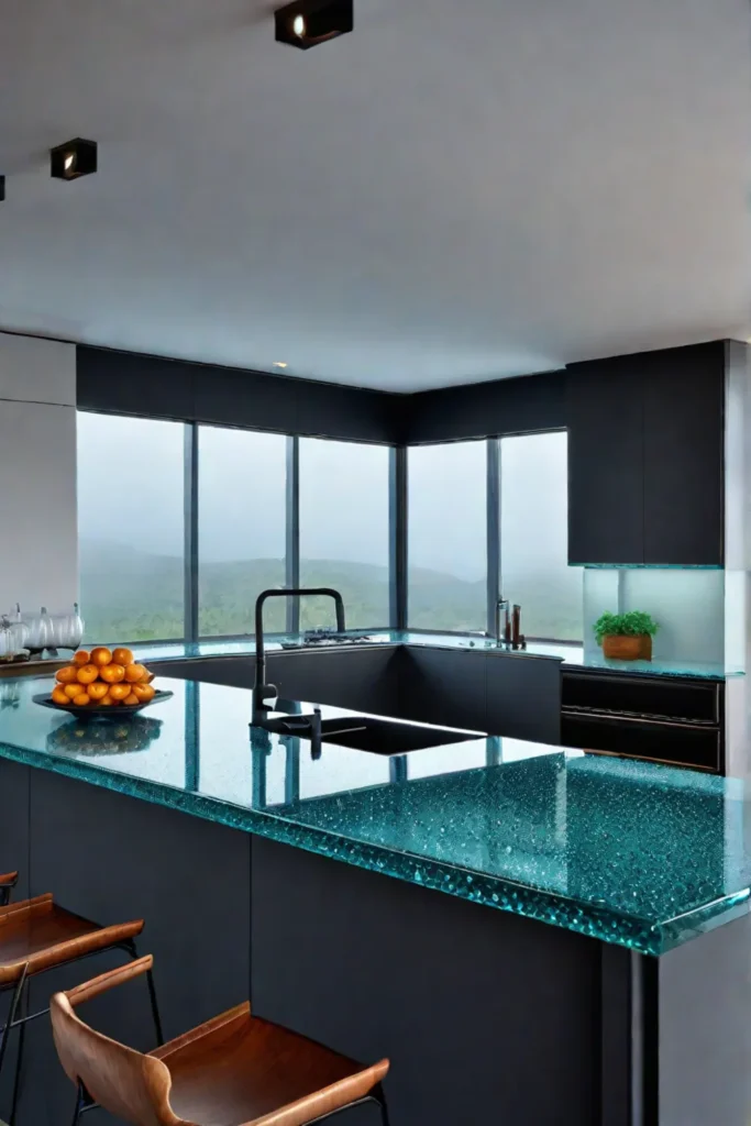 Sustainable kitchen design with unique recycled glass countertops