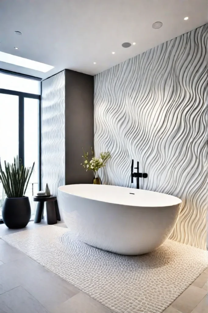 Textured ceramic tiles with wave design in a serene bathroom