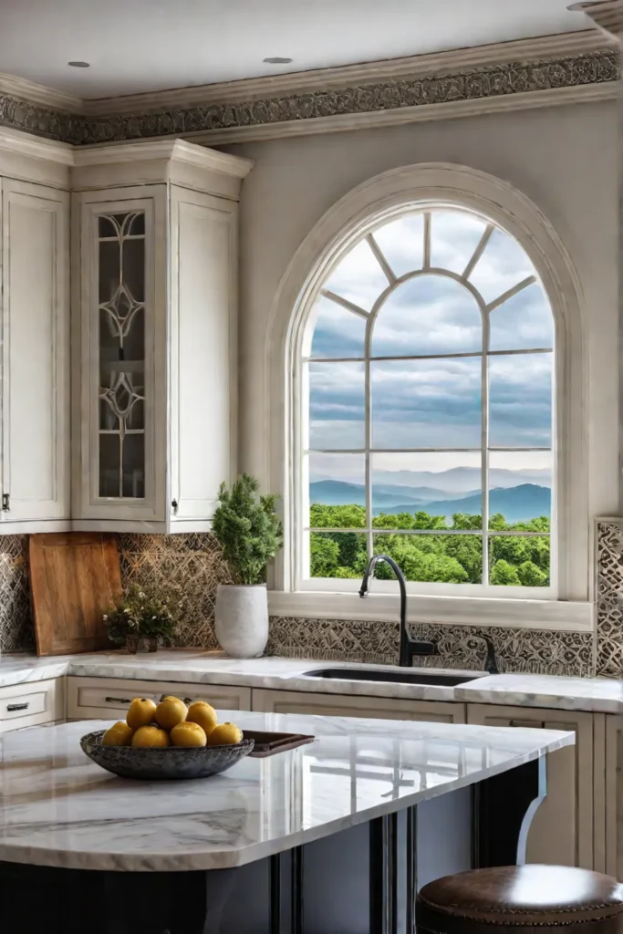 Traditional kitchen cream cabinets arched window