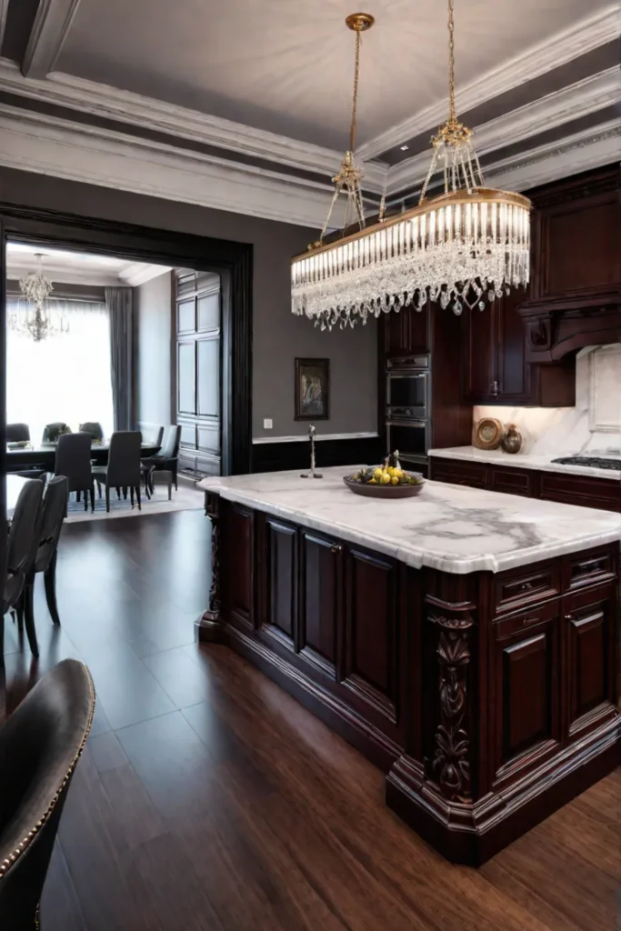Traditional kitchen mahogany cabinets crystal chandelier