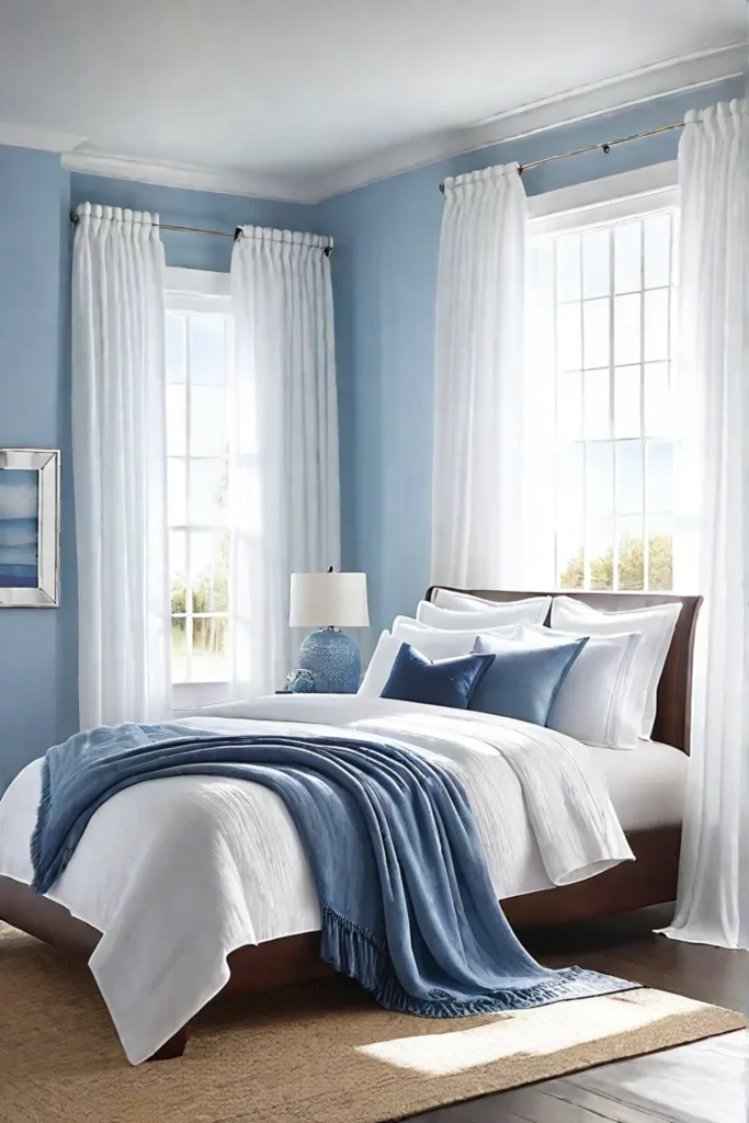 Tranquil blue bedroom bathed in sunlight