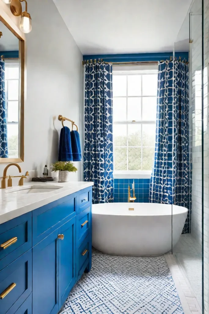 Transitional bathroom with a blue vanity and a patterned shower curtain