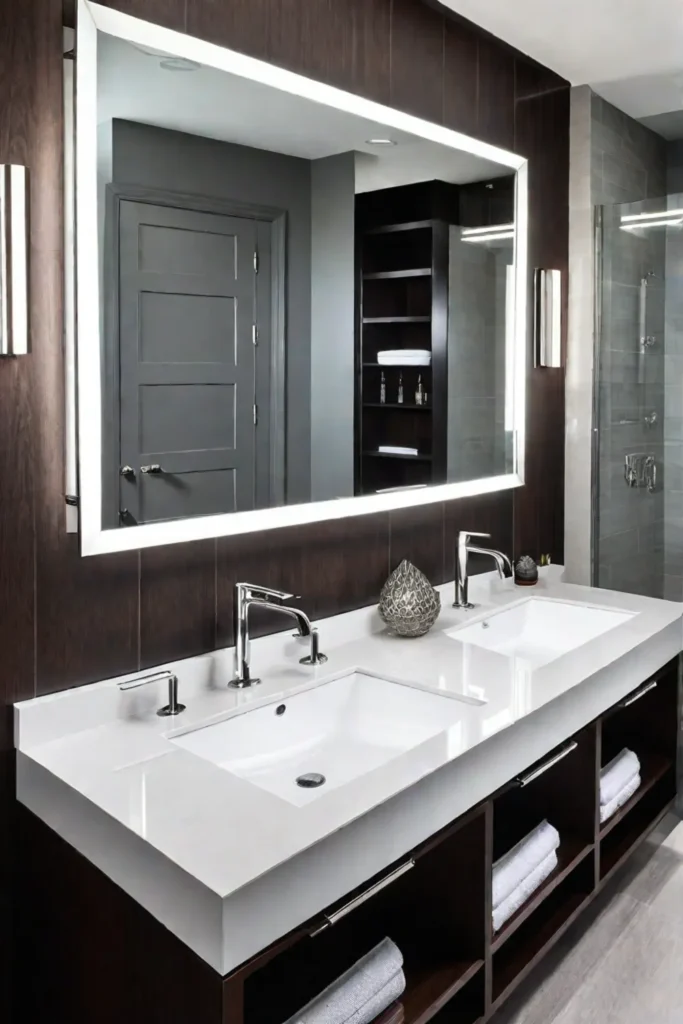Transitional bathroom with dark wood vanity and modern chrome faucets