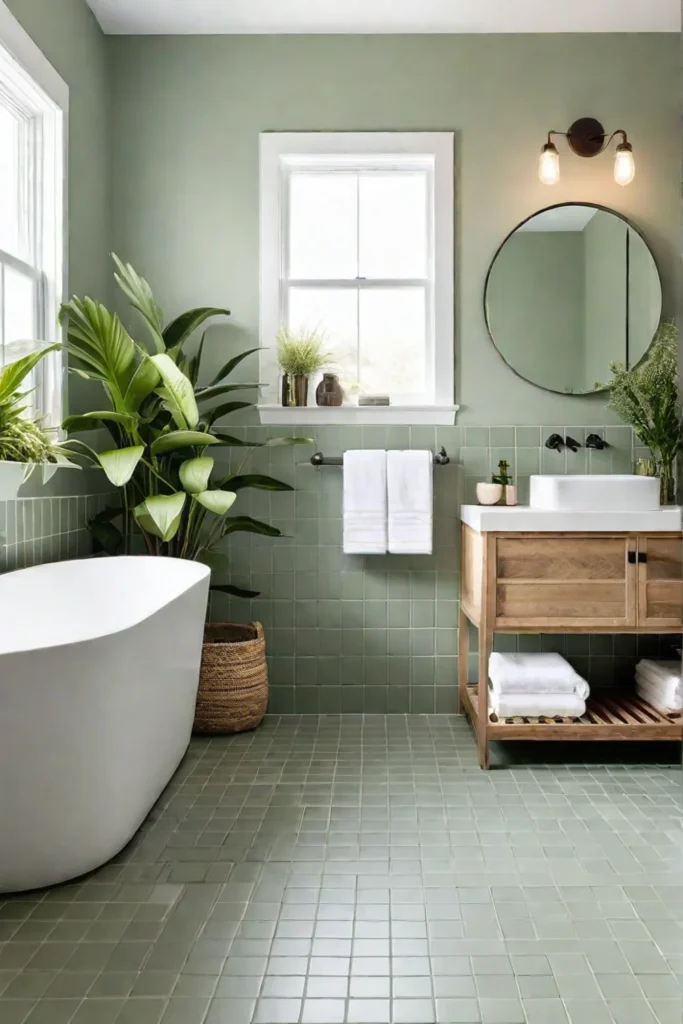 Transitional bathroom with natural wood accents and a calming green color palette