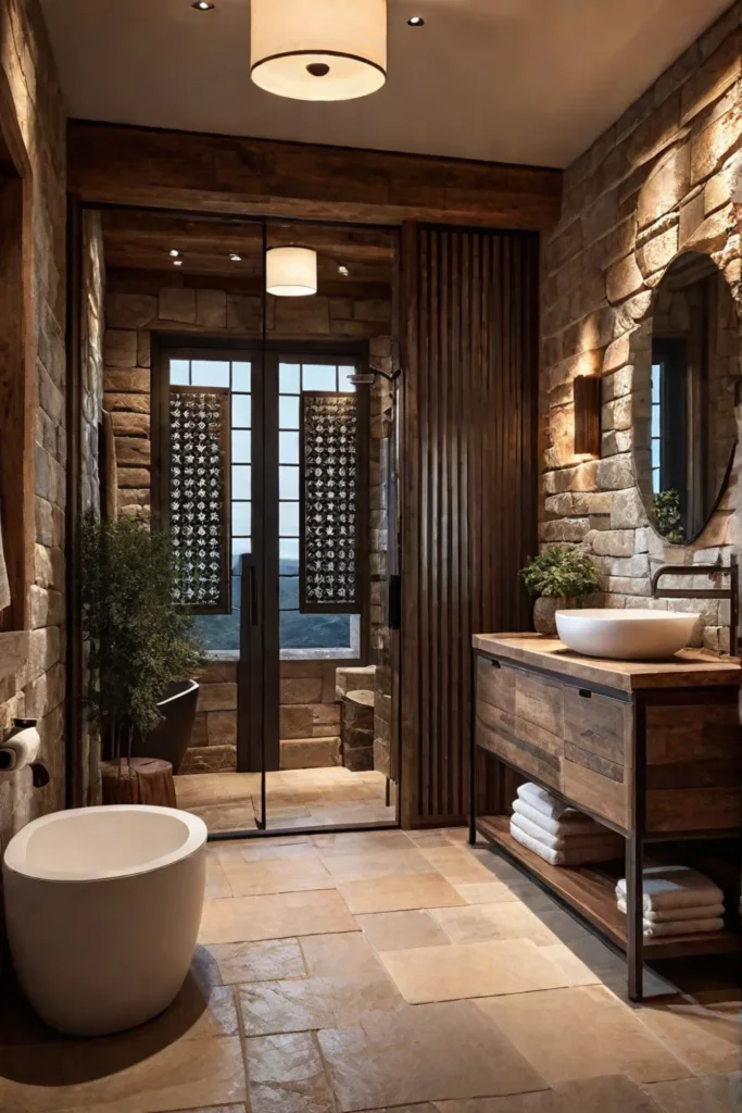 Warm and inviting bathroom with textured stone walls and floors