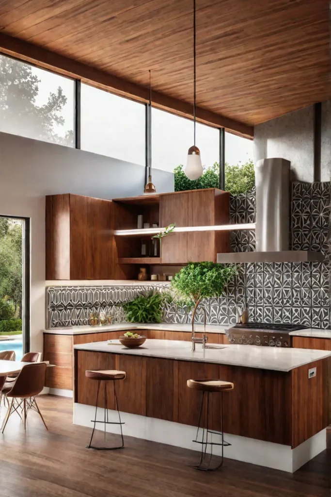 Warm wood kitchen with geometric patterns