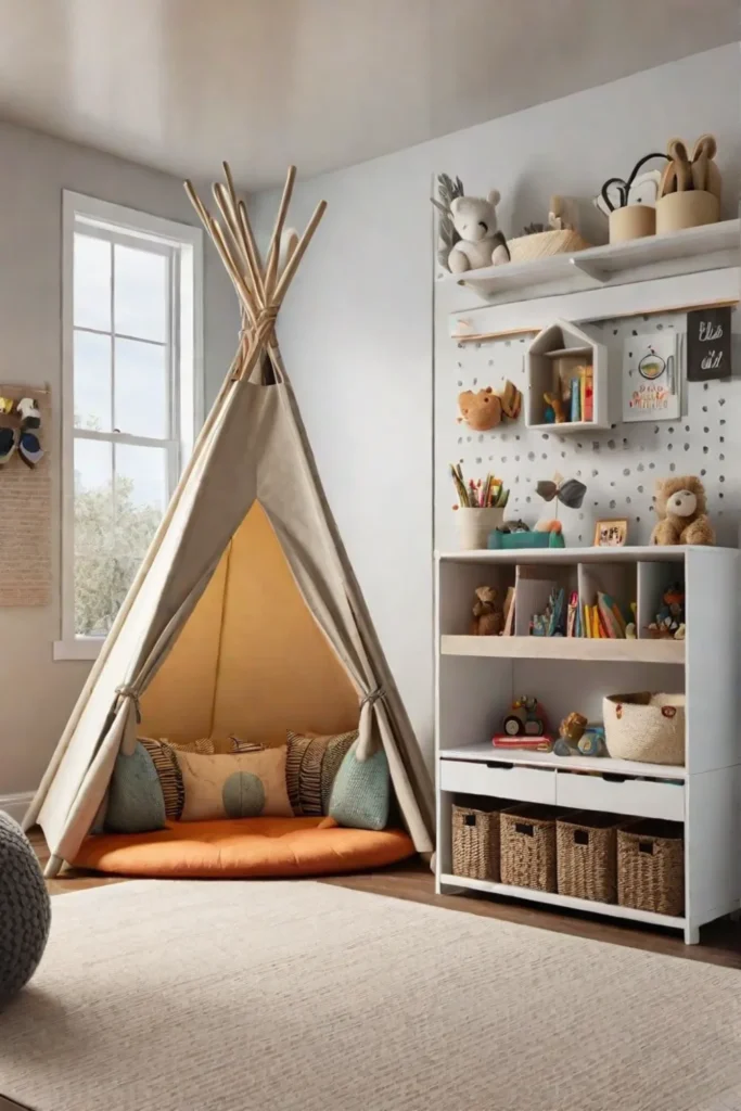 Whimsical bedroom with teepee and wall organizer
