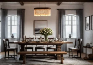 A cozy and chic farmhouse dining room bathed in warm layered lightingfeat