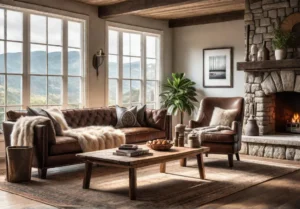 A cozy living room with a large stone fireplace reclaimed wood coffeefeat