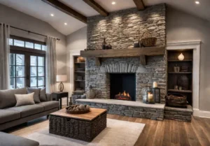 A cozy living room with a rustic stone fireplace as the focalfeat