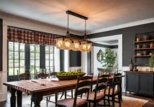 A farmhouse dining room with a large wooden table adorned with afeat