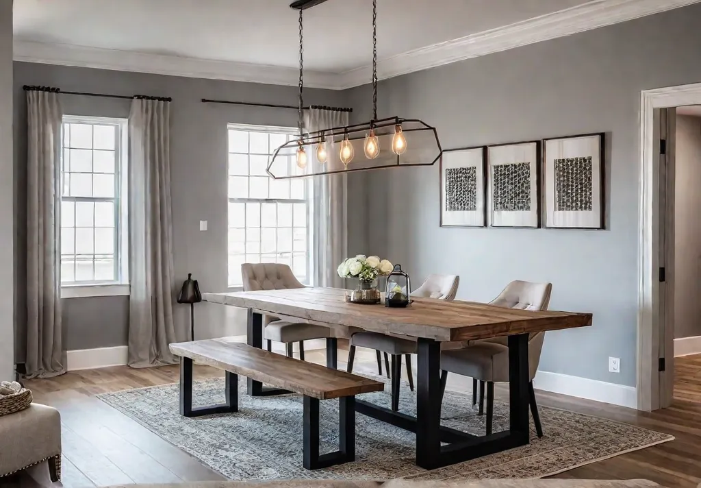 A modern farmhouse dining room with a reclaimed wood table surrounded byfeat
