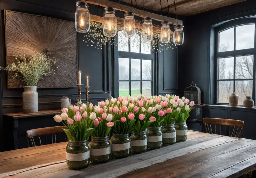 A rustic farmhouse dining table with a centerpiece featuring pastelcolored tulips delicatefeat
