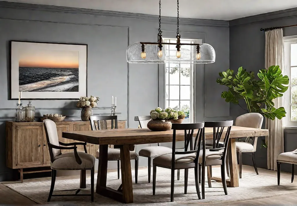 A sundrenched farmhouse dining room with a distressed wooden table surrounded byfeat