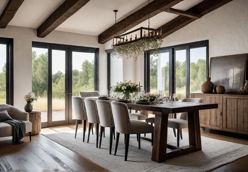 A sundrenched farmhouse dining room with white textured walls exposed wooden beamsfeat