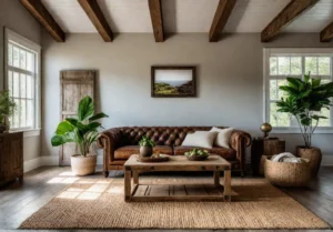 A sundrenched rustic living room with a distressed leather sofa a reclaimedfeat