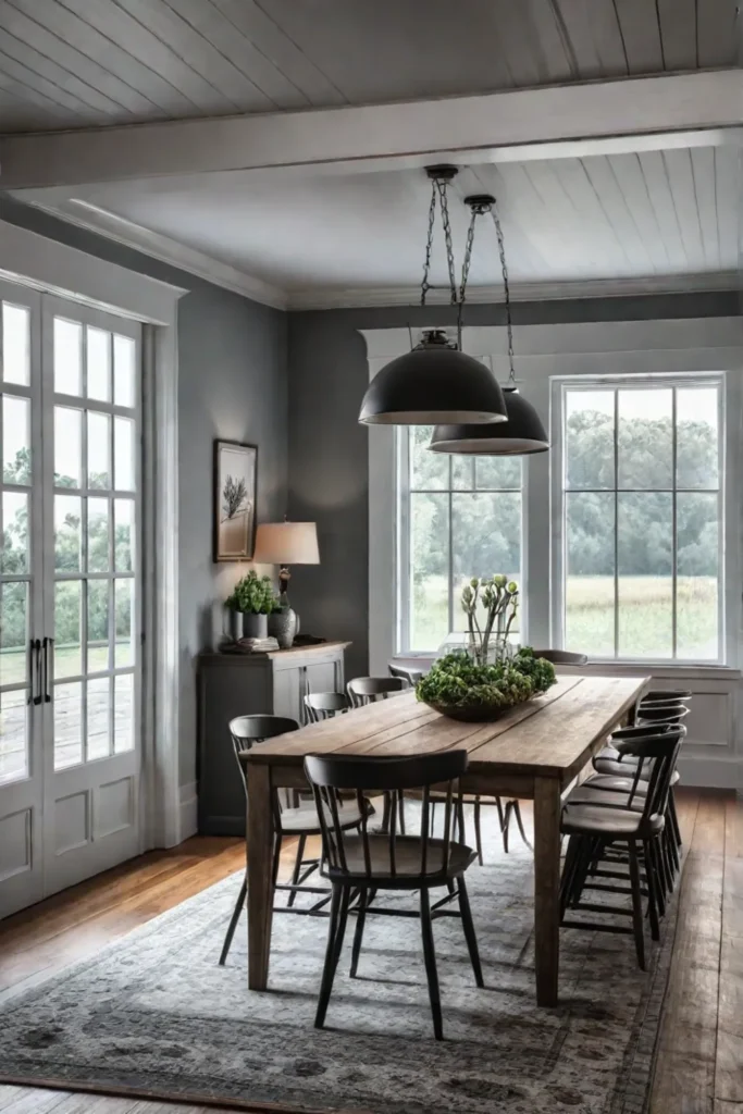 Bright and airy farmhouse dining room with wood table
