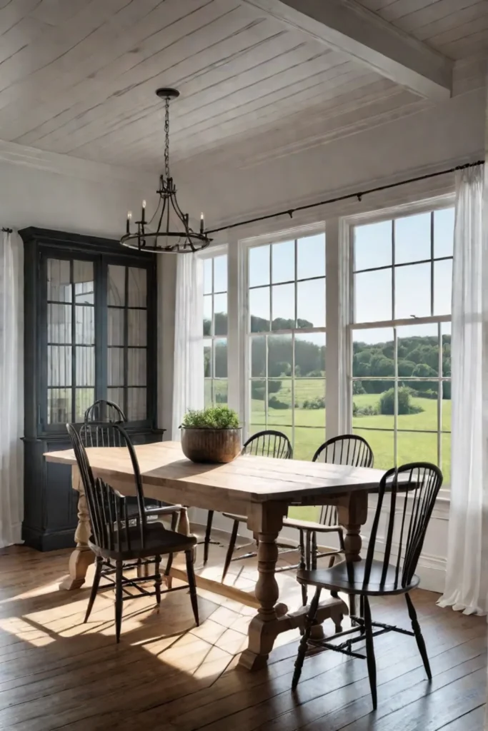 Bright dining area Windsor chairs farmhouse porch view