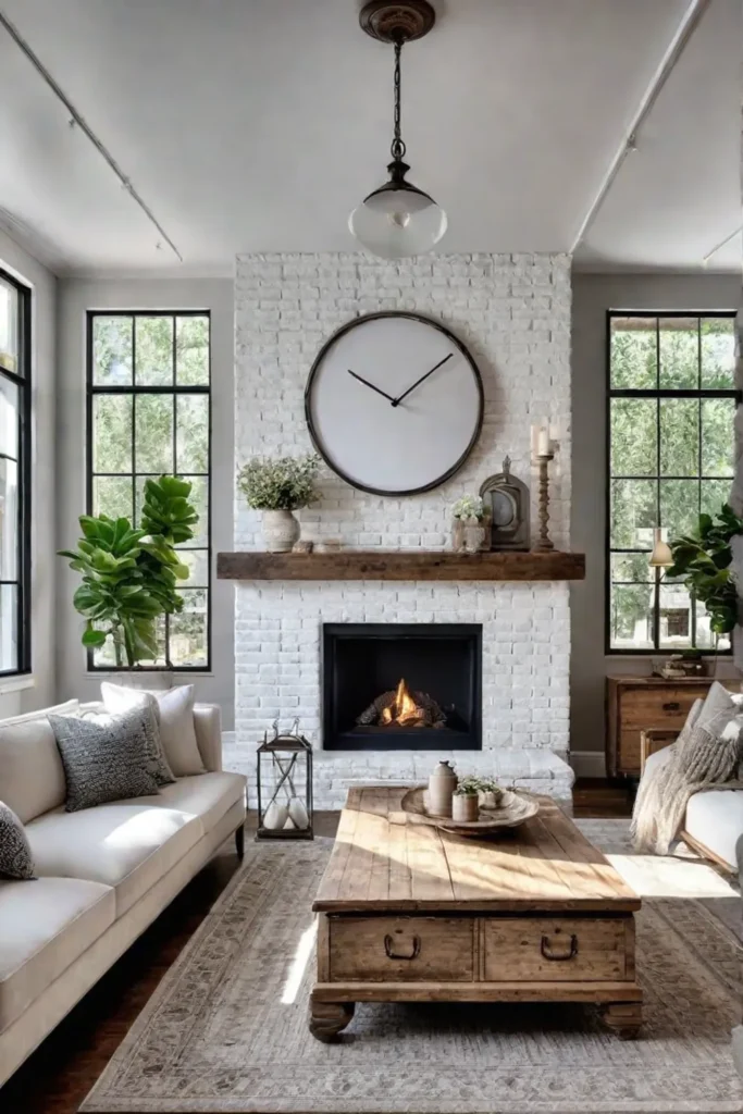 Bright living room reclaimed wood mantel