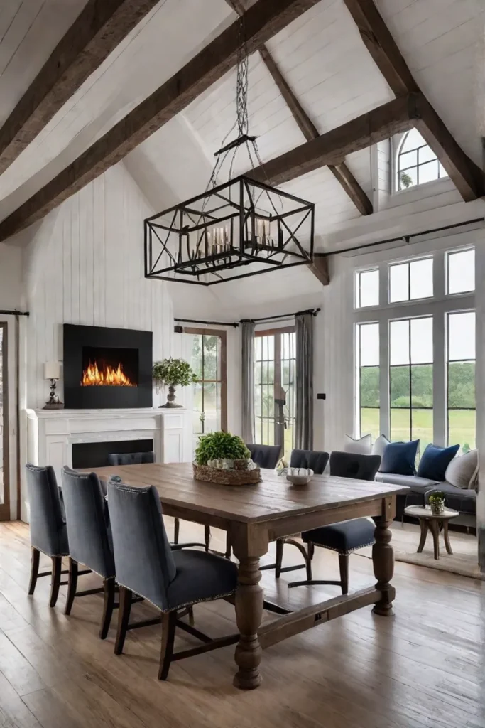 Cozy dining room farmhouse table mixed seating