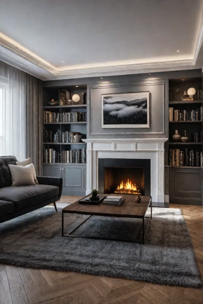 Cozy living room builtin bookshelves