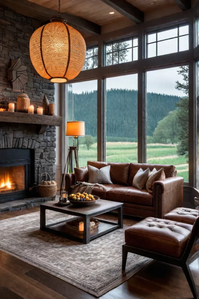 Cozy rustic living room with fireplace