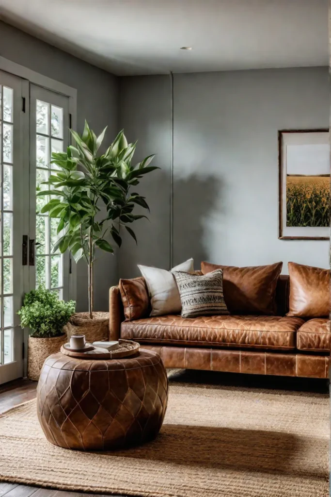 Distressed leather sofa and reclaimed wood table