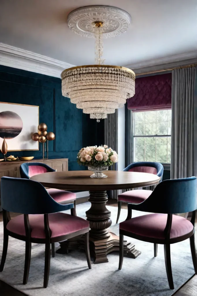 Dramatic dining area round table velvet chairs