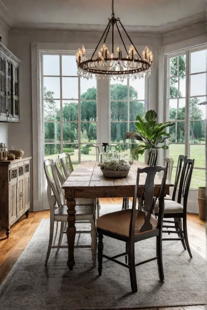 Eclectic farmhouse dining room with mismatched chairs