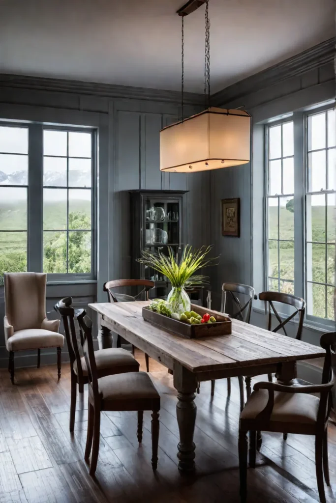 Eclectic farmhouse dining room with mixed seating