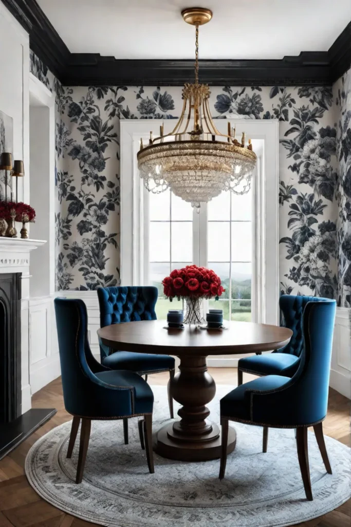 Farmhouse dining room floral wallpaper statement chandelier