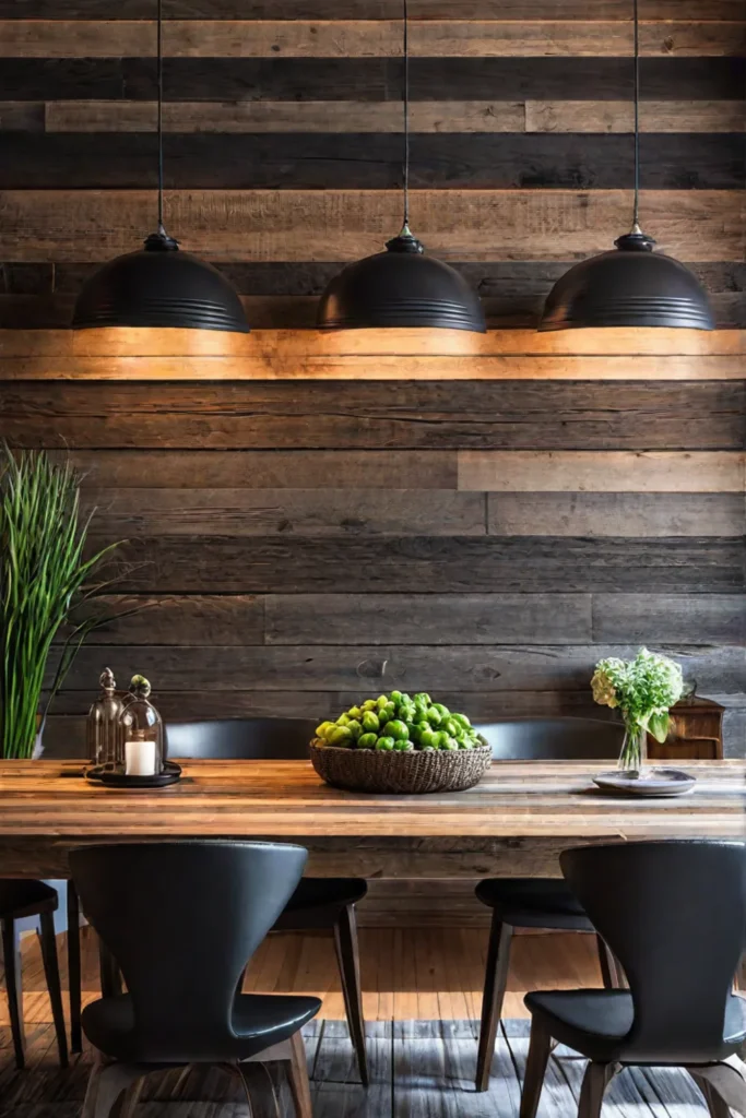 Farmhouse dining room with reclaimed wood accent wall