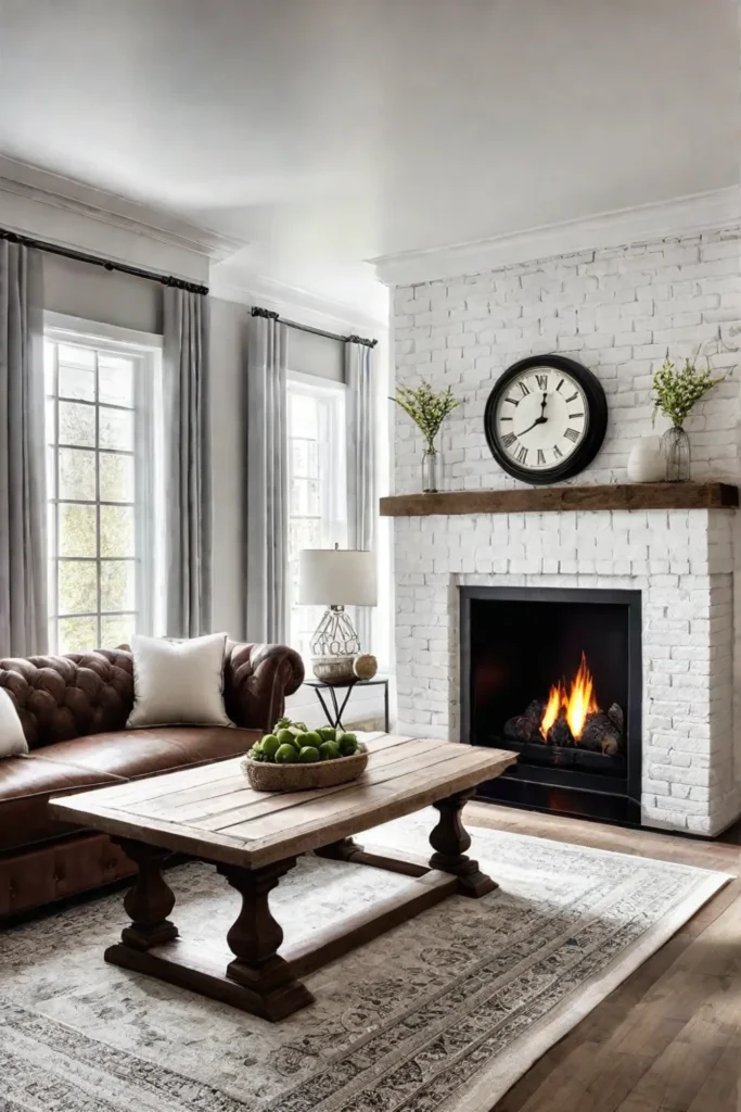 Farmhouse living room whitewashed fireplace